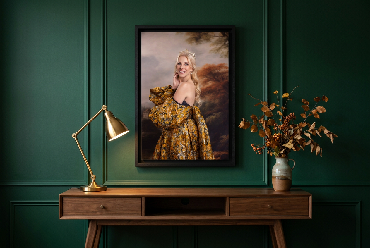 Crowned portrait in a matte black float frame on an emerald paneled wall above a walnut console